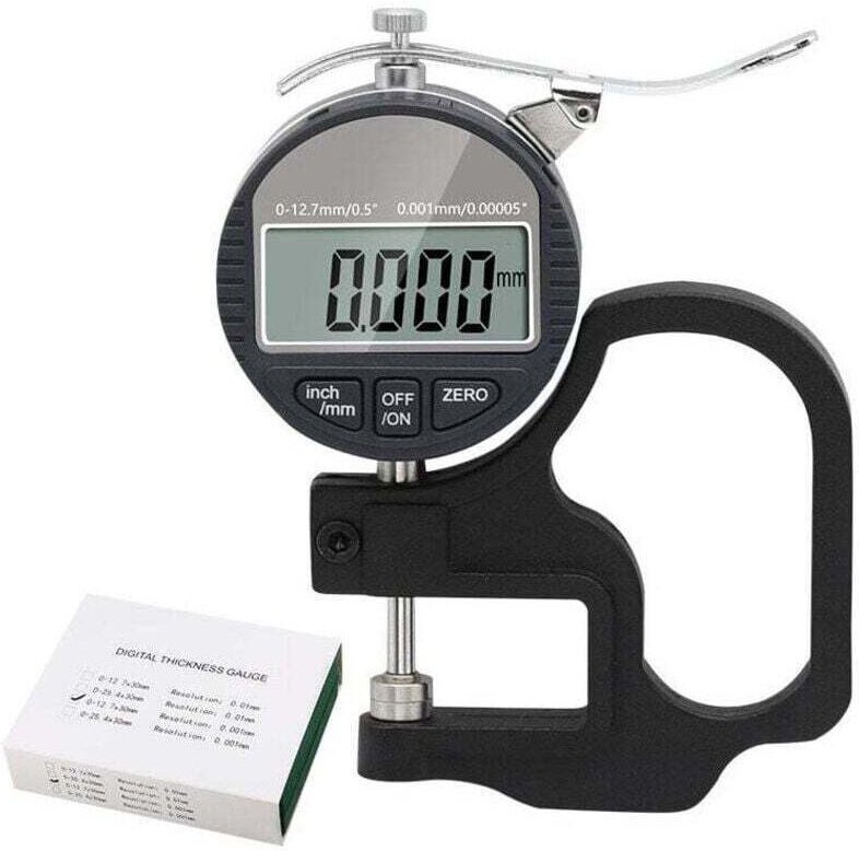 Digitales Dickenmikrometer KZQ 0-12, XU, 7 mm, 0,01 mm Genauigkeit, für Leder, Papier, Kunststoff und Metall, LCD-Anzeig...
