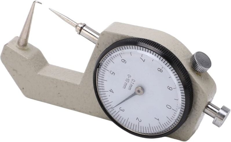 Dickenmesser, Aluminiumgehäuse mit übersichtlicher Skala, kleines Stoffdickenmessgerät (gebogene Spitze 0-10 mm)