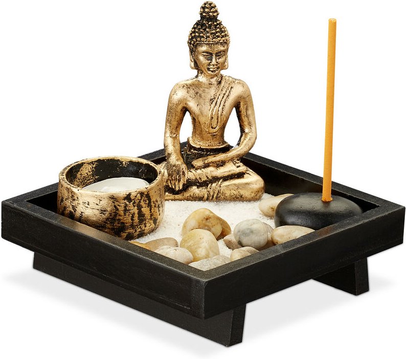 Zen Garten, mit Buddha, Steinen, Sand, Räucherstäbchen & Teelichthalter, Entspannung, Feng Shui Deko, schwarz - Relaxday...