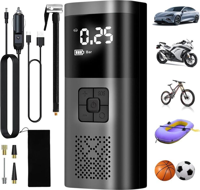 Autoreifenfüller, 6000 mAh tragbarer Luftkompressor 150 psi Akku-Reifenfüller mit digitalem LCD-Display, elektrische Fah...