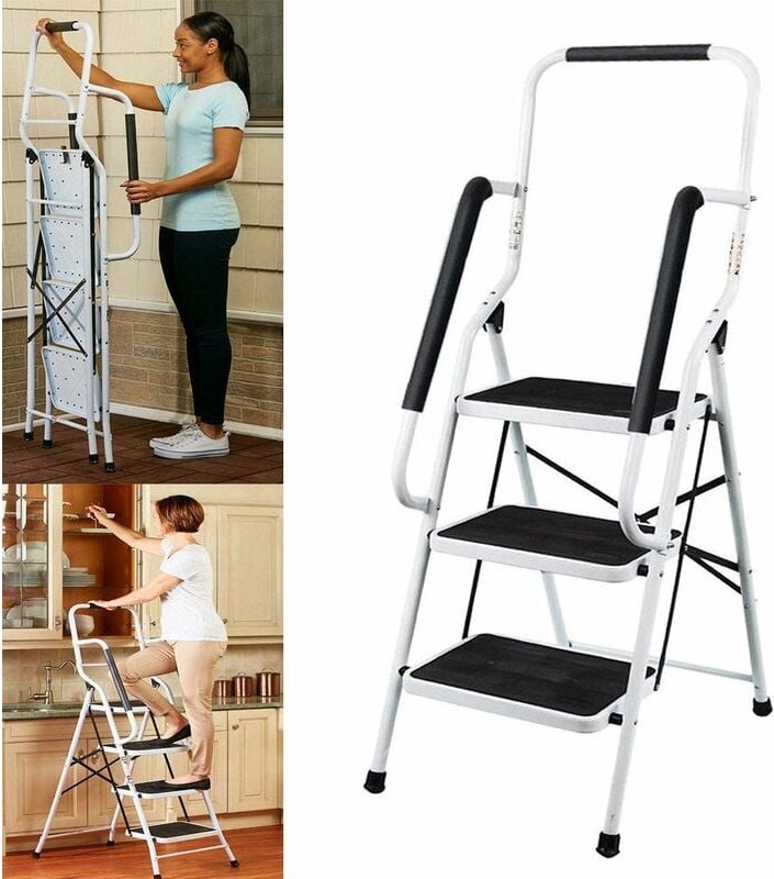 Neu Trittleiter Klappbar 3 Stufen, Stahl Klappstufen mit Handlauf, Anti-rutschfest Haushaltstritt Stehleiter Stabile Lei...