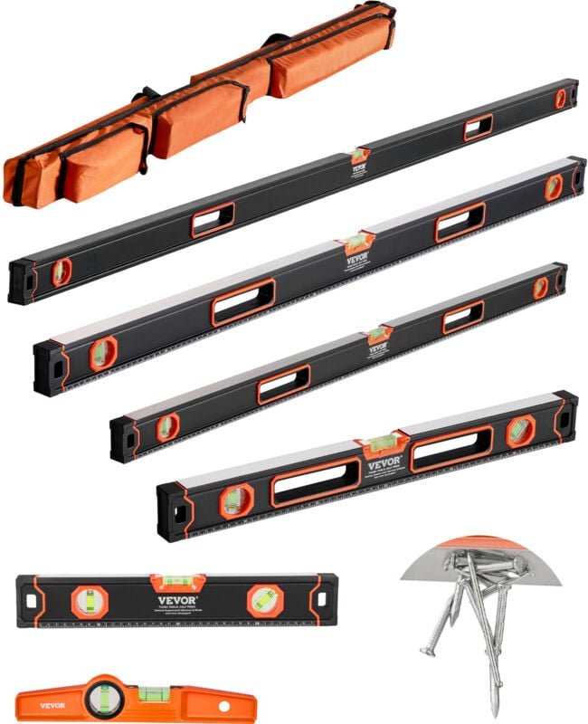 Wasserwaagen 6er-Set, 200/120/80/60/40/25cm, Messwerkzeug mit Libellen für 45/90/180 Grad, magnetisches Box-Wasserwaagen...