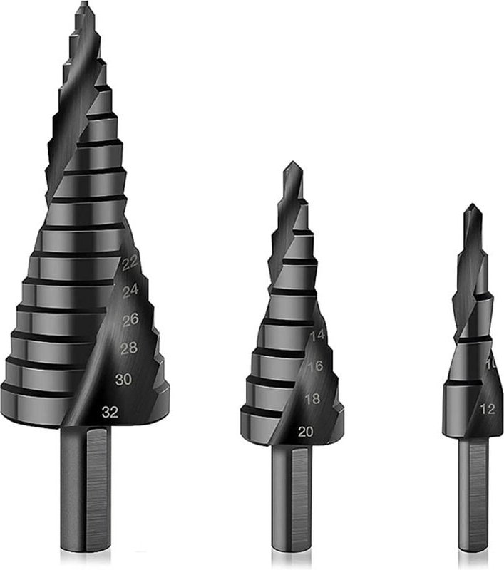 3-teiliger Stufenbohrer 4-12/20/32 mm, Stufenbohrer, Edelstahlmetall, konisches Dreieck aus Titan, zum Schraubenzieherbo...