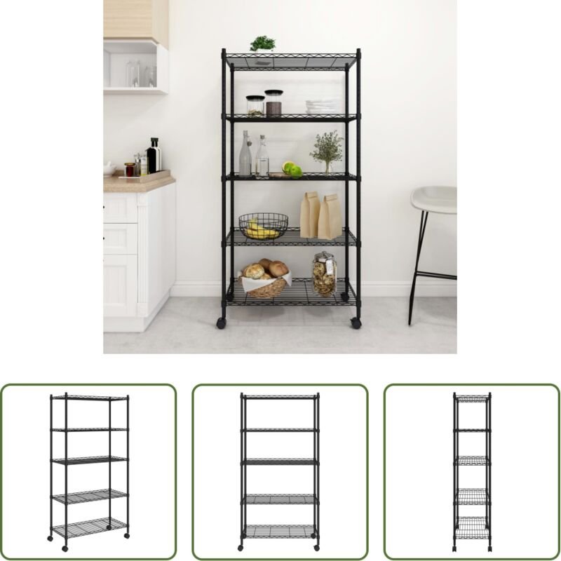 Lebensmittelregal - Lagerregal mit 5 Böden und Rollen 75x35x155 cm Schwarz 250 kg