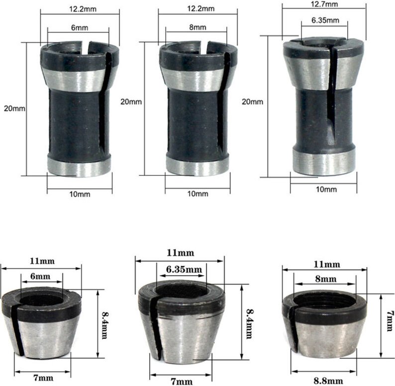6 Stück hochpräzise Oberfräsenfutter aus Stahl – 6 mm, 6,35 mm, 8 mm