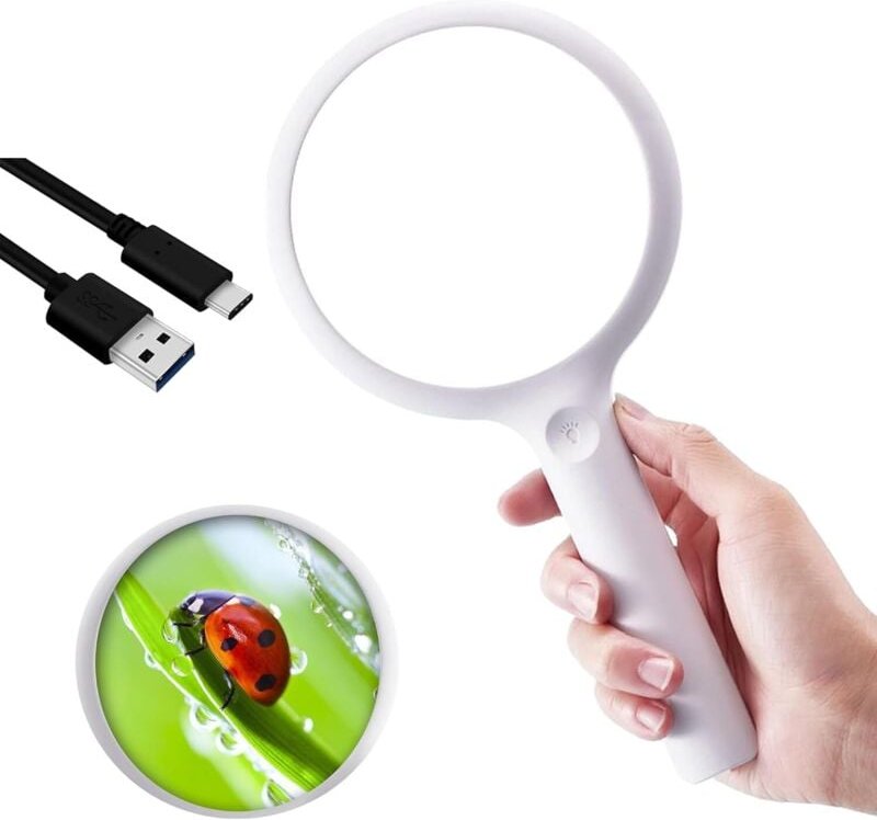Leselupe (30x/60x) mit 33 LEDs, LED-Lupe, Großlupe, USB-aufladbar, für Senioren, Weiß