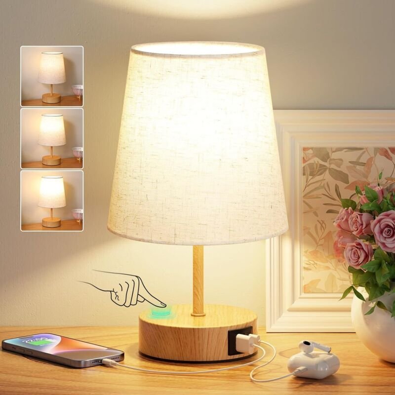 Touch-Nachttischlampe mit USB-C- und USB-A-Ladeanschlüssen, 3-fach dimmbar, Lampenschirm aus Leinen, kleine Tischlampe f...
