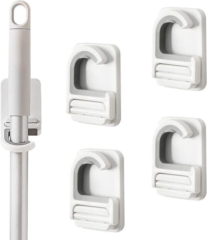 Fitags - 4 Stück Selbstklebender Mopphalter zur Wandmontage, Besenaufhänger, Wandmontage, Besenhalter, Mopphalter für Kü...