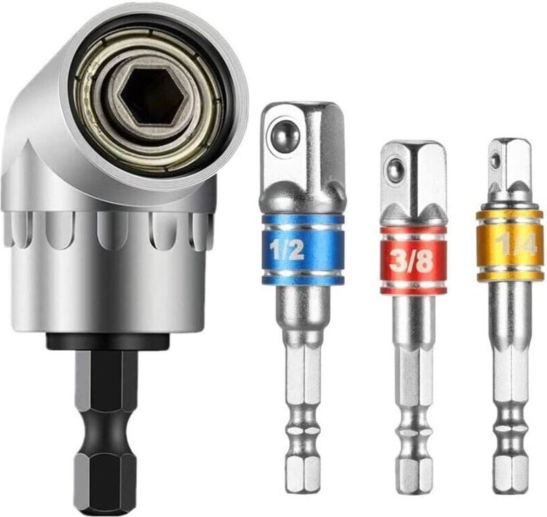 1 rechtwinkliger Bohrer und 3 Steckschlüsseladapter 1/2 Zoll, 3/8 Zoll, 1/4 Zoll, 105 Grad, magnetischer Schnellwechsel-...