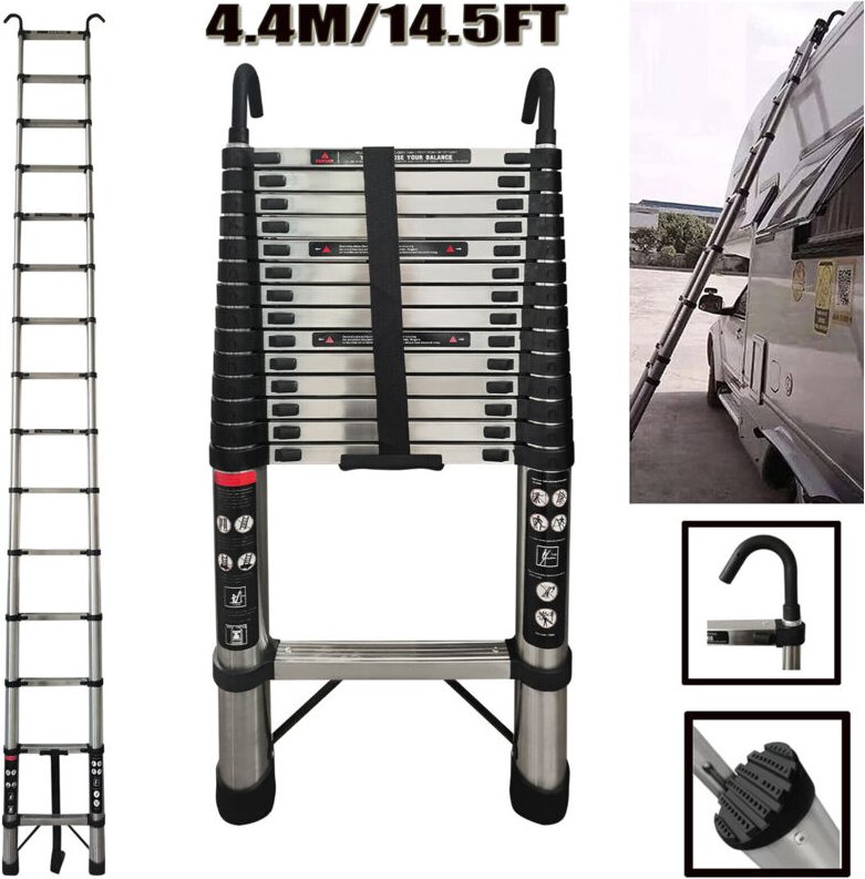 Teleskopleiter Klappleiter 4.4m AntiRutsch Mehrzweckleiter Ausziehbar + 2 Haken