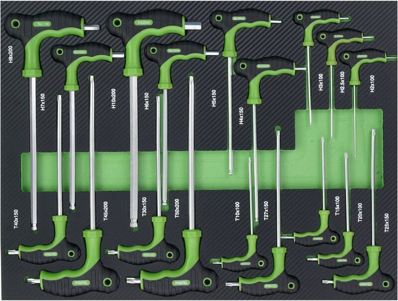 Profi Werkstattwagen Einlage Innensechskantschlüsselsatz Torx T-Griff Inbusschlüssel 18 tlg. Schaum 515x395x40mm grün