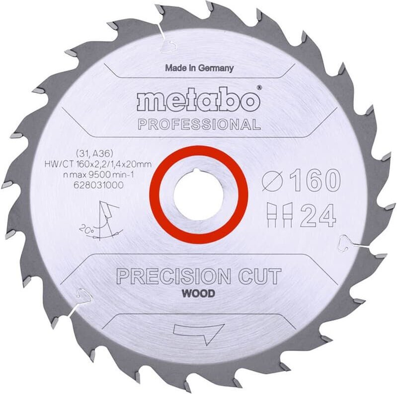 Kreissägeblatt Holz Precision Cut 160x20mm 24WZ 20° Tauch- Handkreissägen - Metabo