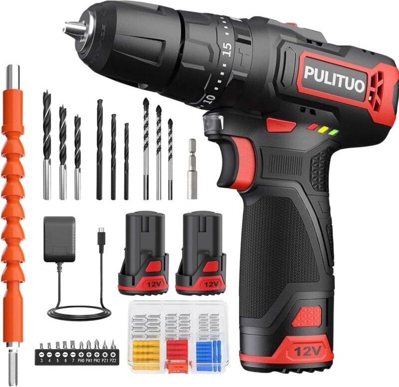 PULITUO Kompakte elektrische Bohrmaschine, 12-V-Akku-Bohrschrauber mit 2 x 1,5-Ah-Akkus, 2 Geschwindigkeiten, 1-Stunden-...