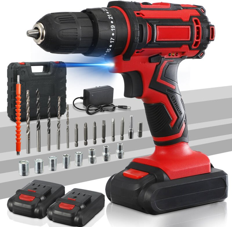 Akku-Bohrschrauber mit 2 x 2,0 Ah Akkus, LED-Licht, 23 Zubehörteilen und Koffer