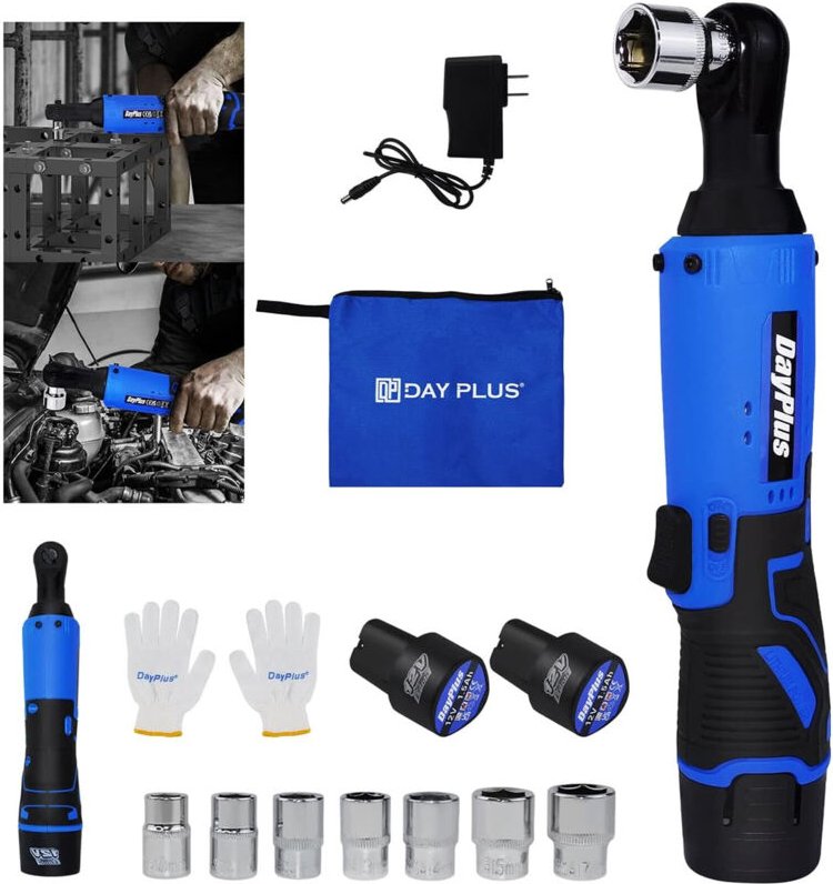 Dayplus - 120Nm Akku Ratsche Ratschenschl Ssel 3/8 Zoll 90 Winkel Elektroschl Ssel 2xAkku & Ladegerät