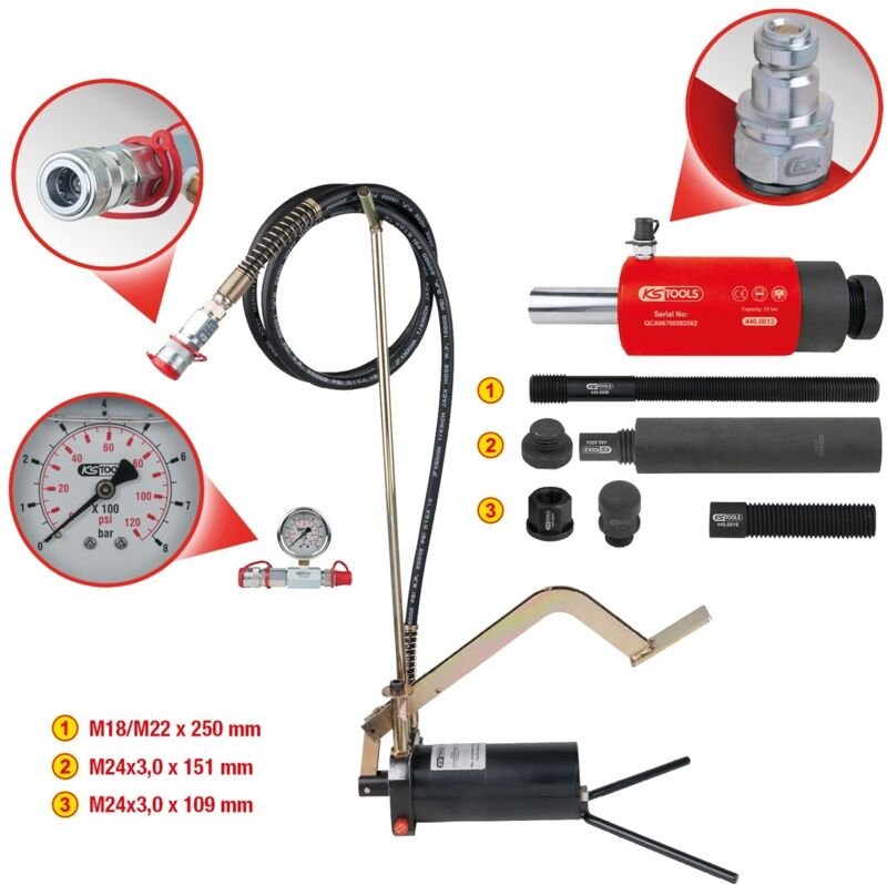 KS Tools Hydraulik-Einheit 22t, mit Hydraulik-Pumpe und Manometer, 15-tlg