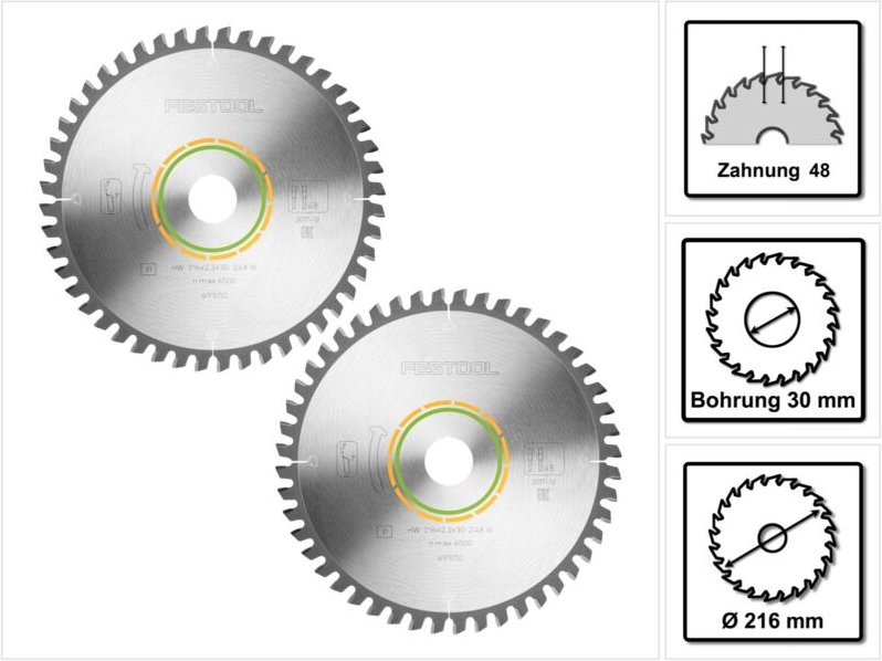 Feinzahn-Sägeblatt W48 2 Stk. ( 2x 491050 ) 216 x 2,3 x 30 für symmetric sym 70 - Festool