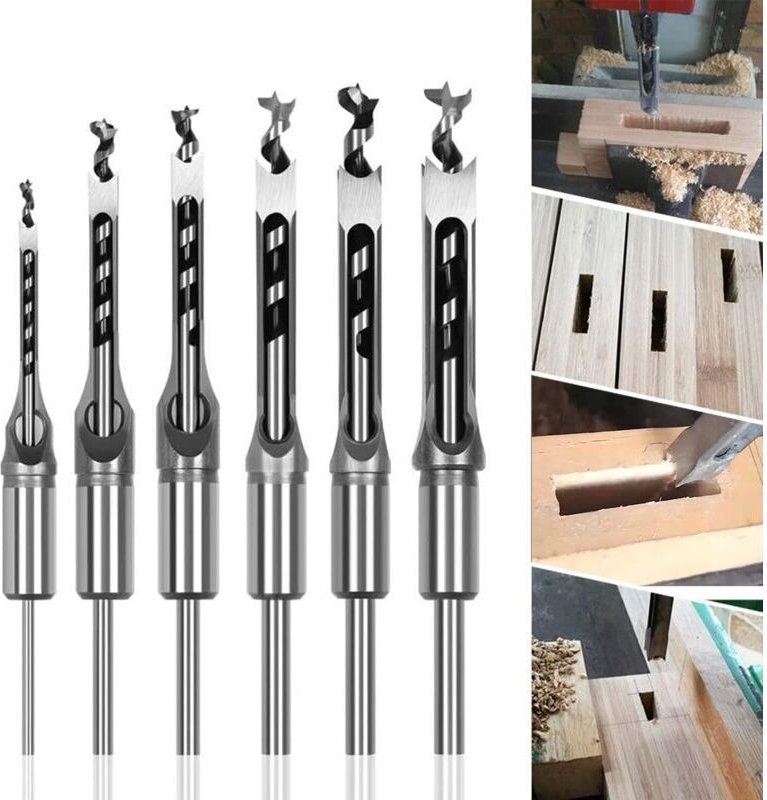 6-teiliges Set Holzbohrer, Hohlmeißel aus Stahl für Vierkantlochsägen, Vierkantbohrer, Stemmeisen, 1/4, 5/16, 3/8, 1/2, ...