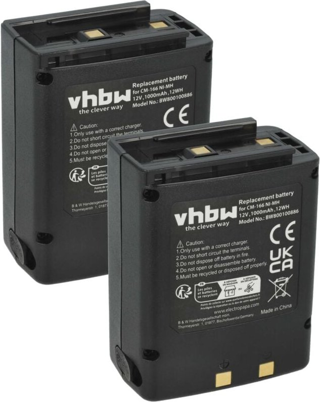vhbw 2x Akku Ersatz für Icom BP-166, CM-166, CM-166S, CM-22A für Funkgerät, Walkie Talkie (1000 mAh, 12 V, NiMH)