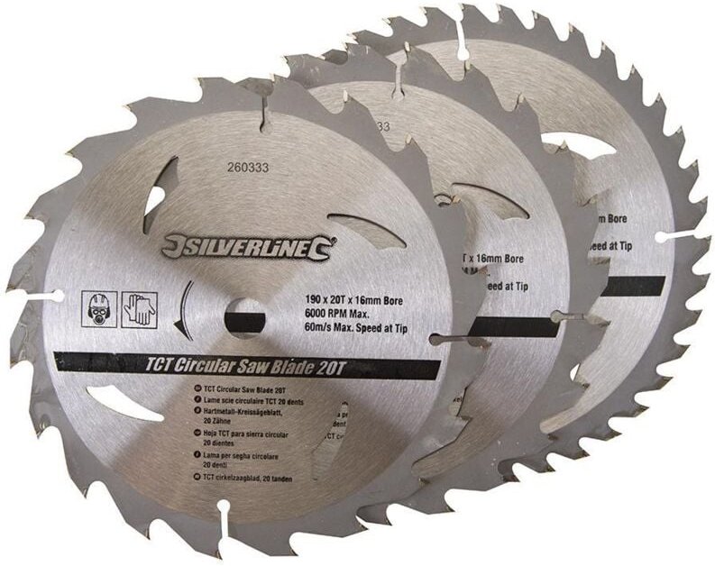 Silverline - Hartmetall-Kreissägeblätter mit 20, 24 und 40 Zähnen, 3er-Pckg. 190 x 16, kein Reduzierstück