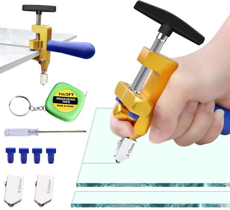 2 IN 1 Professionelles Glasschneider Set, Glasschneidewerkzeug mit 2 Stück 3-15mm Hartmetall-Schneidköpfe und 4 Stück Ko...