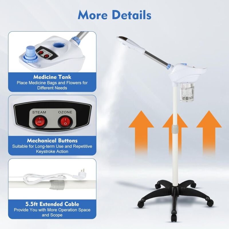 Gesichtsdampfer Ozon Bedampfer 360° Porenreiniger Dampf Spa Maschine mit 5 Rollen und 800ml Salon Wassertasse Dampfgerät...
