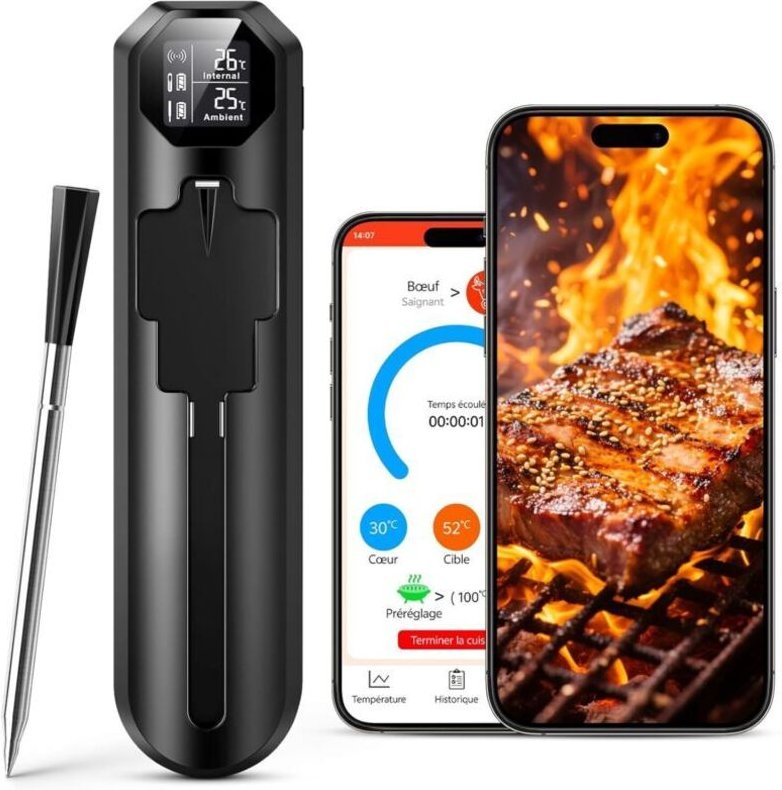 Kabelloses Küchenthermometer, Kochthermometer mit App und Dualsensor, Bluetooth-Fleischthermometer mit 150 m Reichweite,...