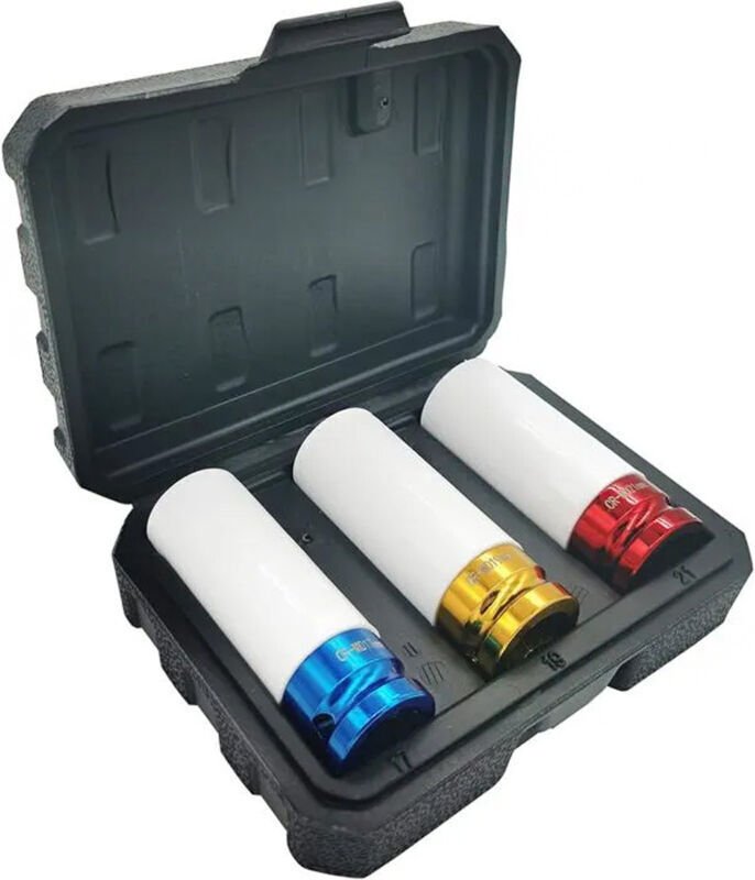 Satz mit 3 1/2"-Steckschlüsseln für 17, 19 und 21 mm Aluminiumfelgen – für Schlagschrauber – 78 mm lang