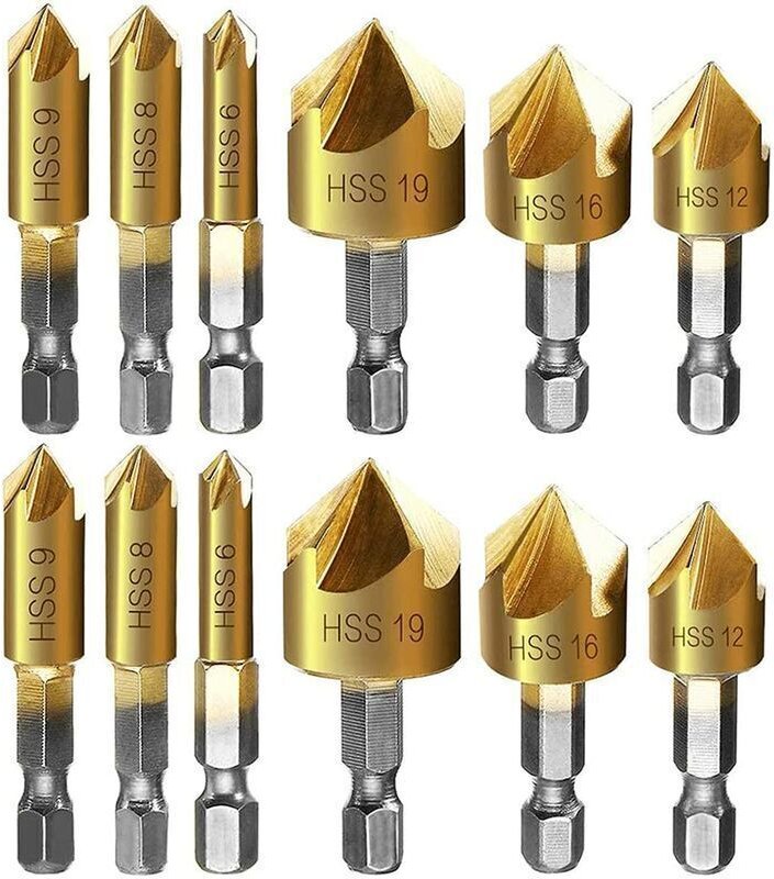 12-teiliges Metall-Fasenschneider-Set mit Sechskantschaft, selbstzentrierendem Körner, Fasenbohrern (6 mm, 8 mm, 9 mm, 1...