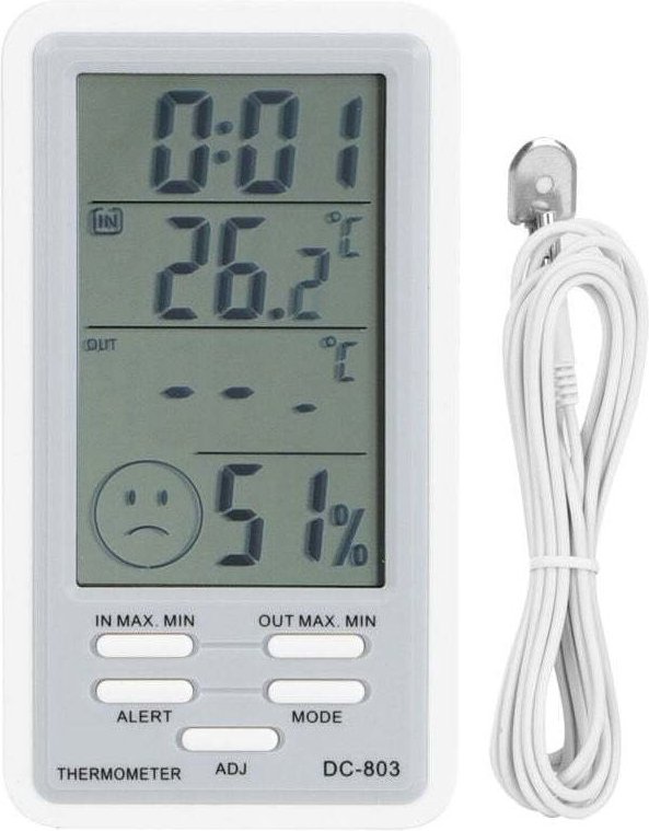 Digitales elektronisches Thermometer und Hygrometer mit Stundenalarm und Uhr. Misst Temperatur und Luftfeuchtigkeit, ide...