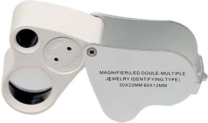 Juwelierlupe mit LED-Beleuchtung und Doppelfokus, 60-fach, 12 mm und 30-fach