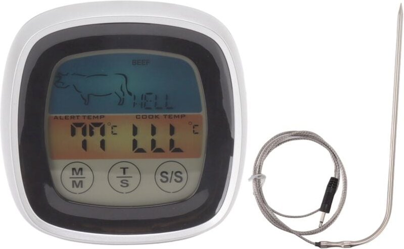 Touchscreen-Lebensmittelthermometer, digitale Küchenanzeige, Timer, Feldthermometer, Grillthermometer, Schwarz mit silbe...