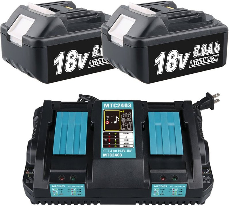Pdstation - 2er-Pack BL1850 BL1850B 18 v 5 Ah Akku mit DC18RD Dual-Schnellladegerät, kompatibel mit Makita BL1830 BL1840...