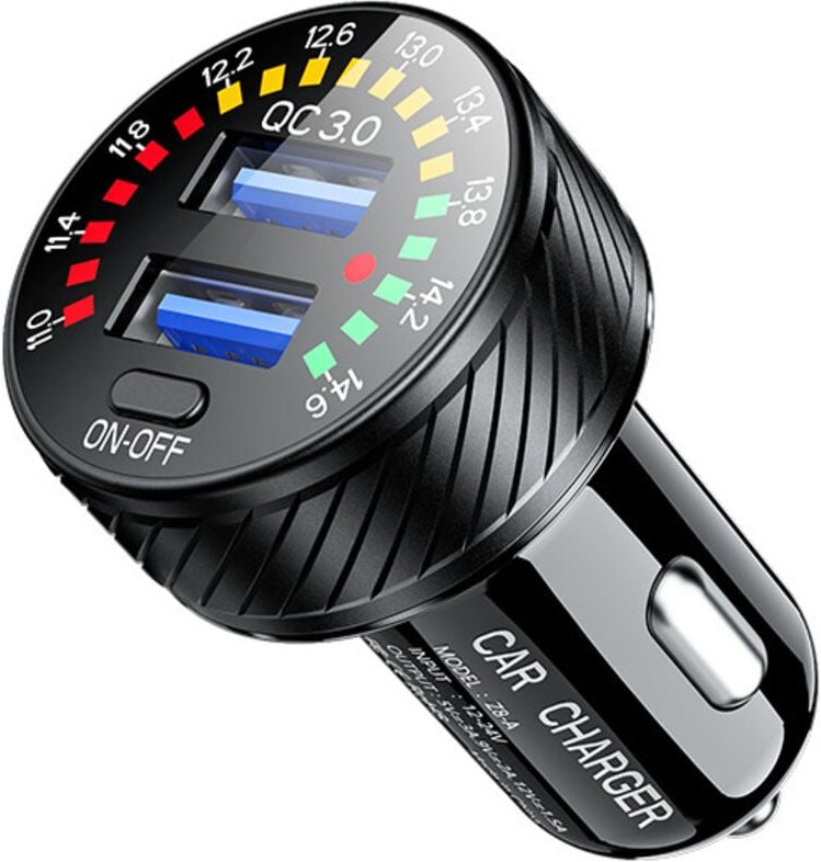 Autoladegerät, Dual-Port QC3.0 USB-Schnellladegerät fürs Auto, 36 W/3 a Autoladegerät-Adapter mit buntem Voltmeter und E...