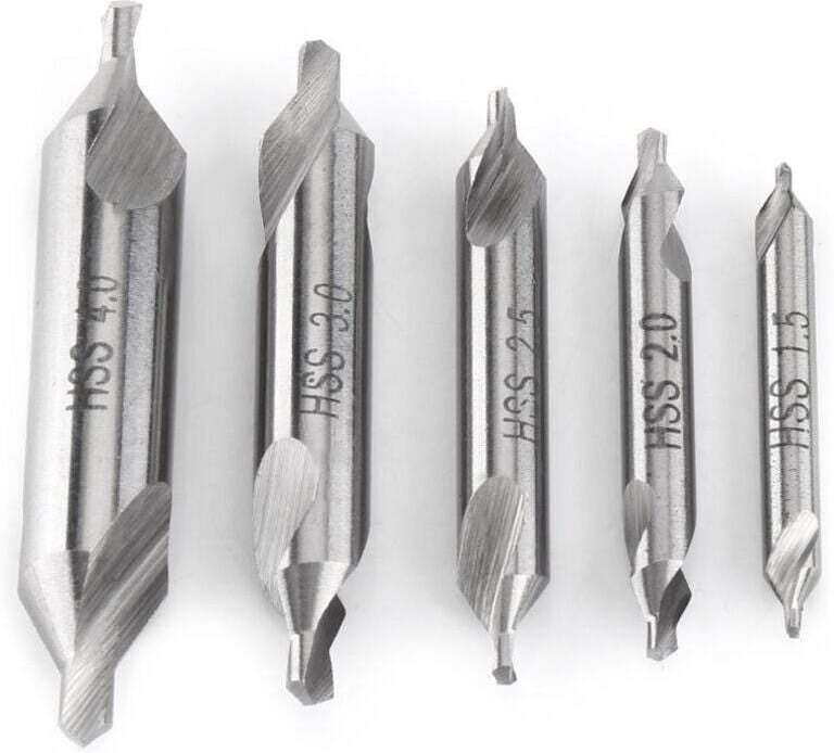 Jeu de 5 forets de centrage, forets à double extrémité, 60 degrés, 1,5/2,0/2,5/3,0/4,0 mm.