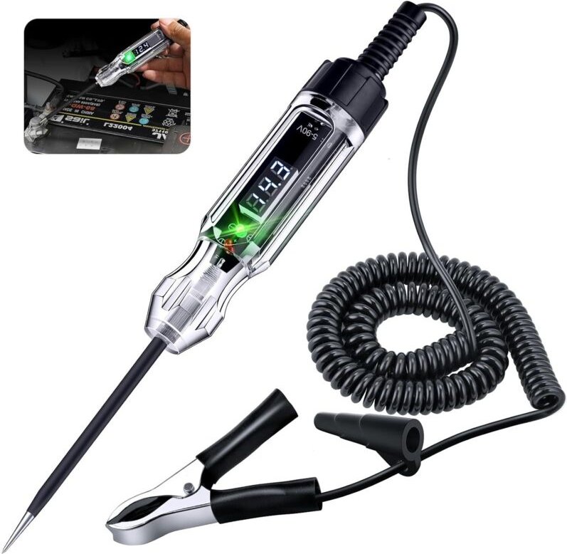 Hochohmiger 5-90V LED-Digital-Elektrotester für Automobile, Stromkreistester mit 140-Zoll-PU-Spiralkabel, Spannungsprüfe...