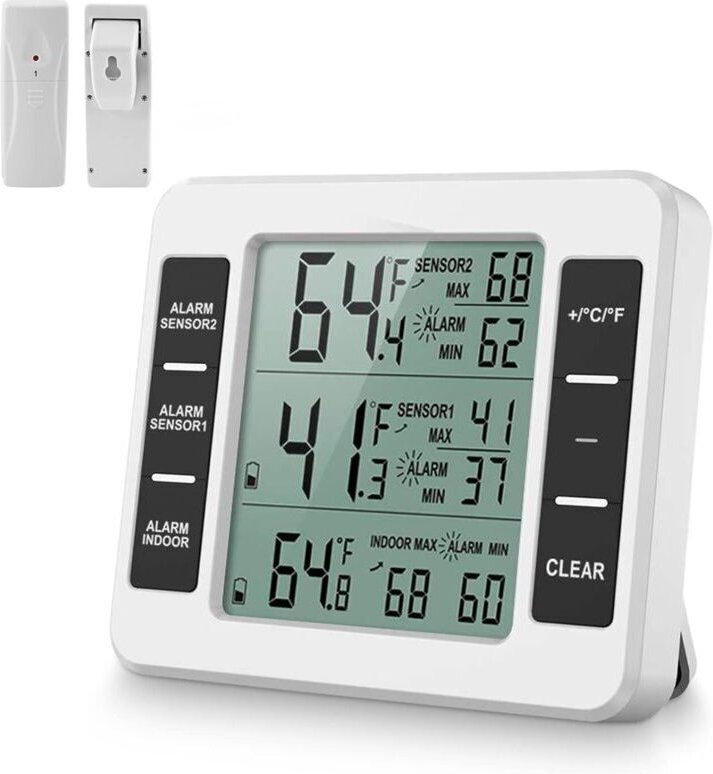 Digitales Kühlschrankthermometer, LCD-Bildschirm, Kühlschrankthermometer für den Innen- und Außenbereich mit 2 drahtlose...