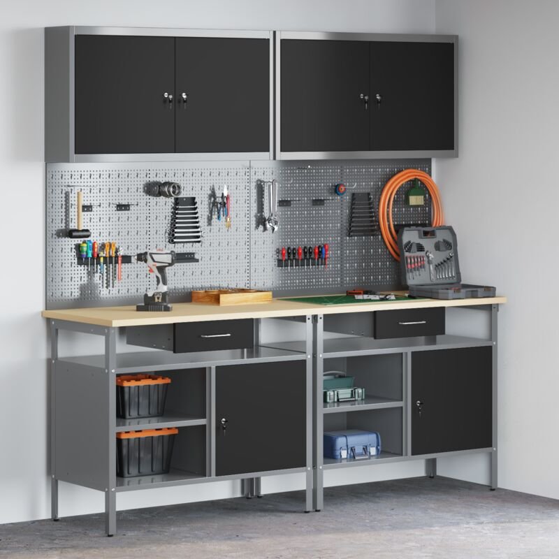 Werkbank-Set mit Regal 8 pcs Schwarz 200 x 55 x 200 cm Stahl vidaXL