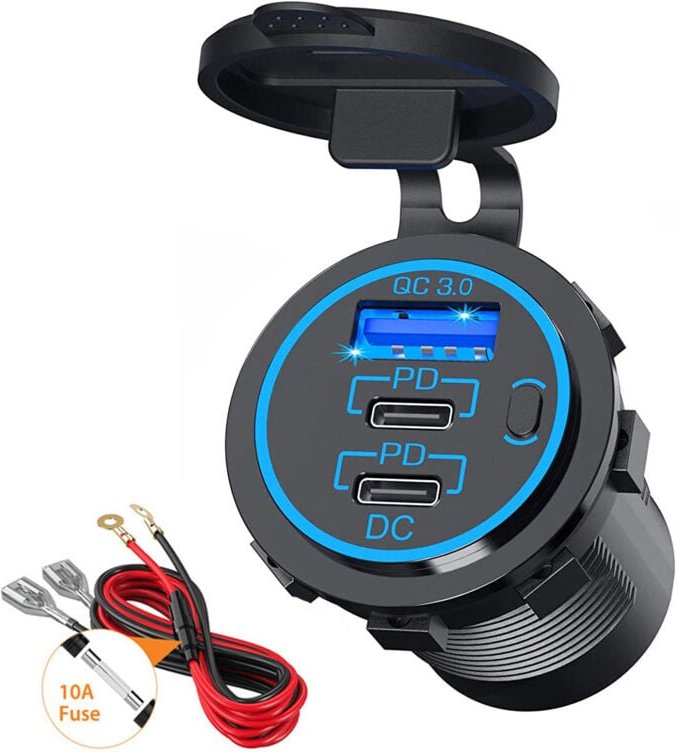 12V USB-Steckdose Draht USB-Ladegerät Multi Port, Dual PD3.0 USB-C und QC3.0 Auto-Anschluss-Buchse mit Netzschalter, Sch...