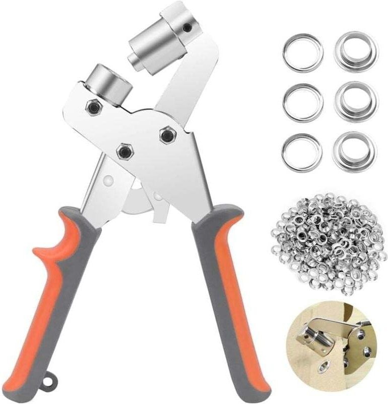 Ösenzange mit 100 silberfarbenen Metallösen (10,5 mm Innendurchmesser), professionelles Ösenstanzen-Set für Leder, Stoff...
