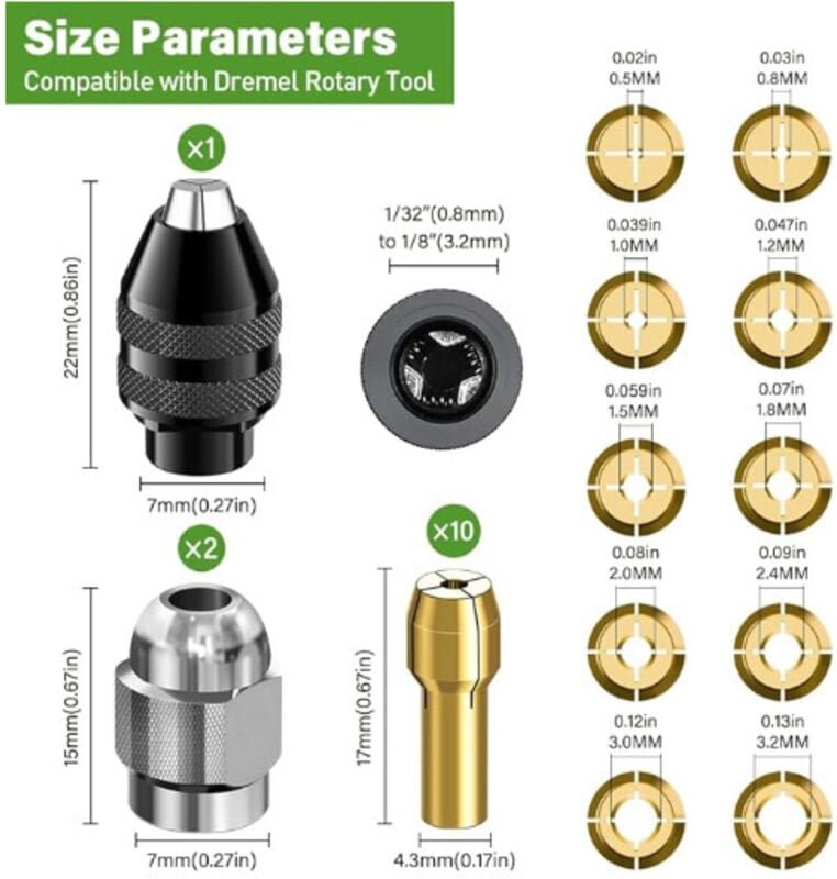 13er-Pack Bohrfutter, 4486 Bohrfutter, 4485 Spannzangenfutter, Schnellwechsel-Spannzangenköpfe aus Messing für Dremel 40...