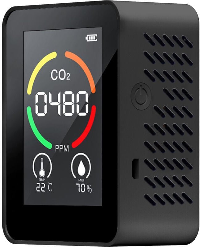 ZN-AZ-2CO-YY01 3-in-1-Kohlendioxiddetektor: Temperatur/Luftfeuchtigkeit/CO2, eingebauter Akku, Schwarz