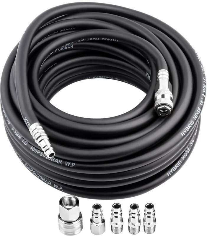 Ej.Life Kompressoren Schlauch, 15M Gummi Druckluftschlauch, mit 5-tlg 1/4'' europäische Schnellkupplung, 300 PSI Normale...