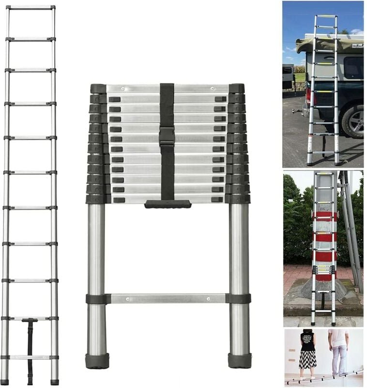 3.2m Teleskopleiter aus hochwertigem Edelstahl, 11 Stufen Ausziehleiter Rutschfester Klappleiter Stehleiter Mehrzwecklei...