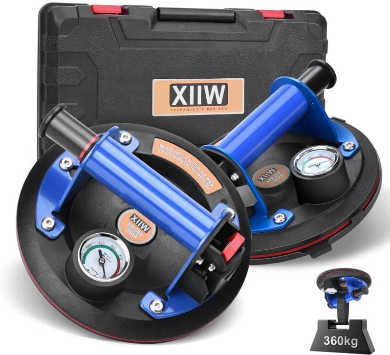 2X Saugnäpfe Saugheber Glasheber Metallgriff mit Manometer Max. 360kg, 8'' Vakuum Saugnapf Fliesenheber mit Kasten, Glas...