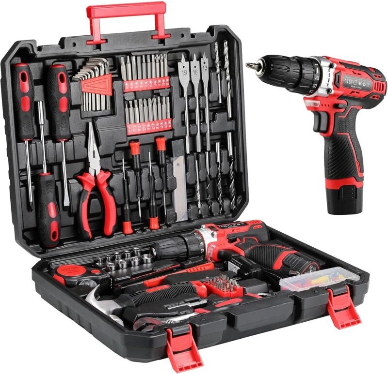 12-V-Akku-Schlagbohrmaschine, Werkzeugkasten, 138-teiliger Werkzeugkasten, kompletter Werkzeugkoffer mit Bohrer für Repa...