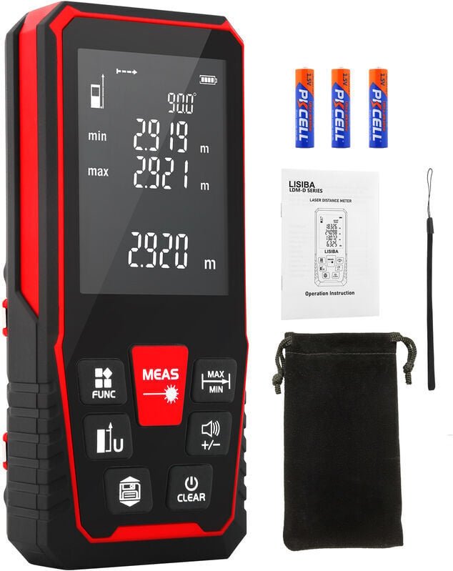 Laser-Entfernungsmesser, 50 m Laser-Messgerät, 2 mm Genauigkeit, 50 Datenpunkte, Distanz-, Flächen- und Volumenmessung, ...