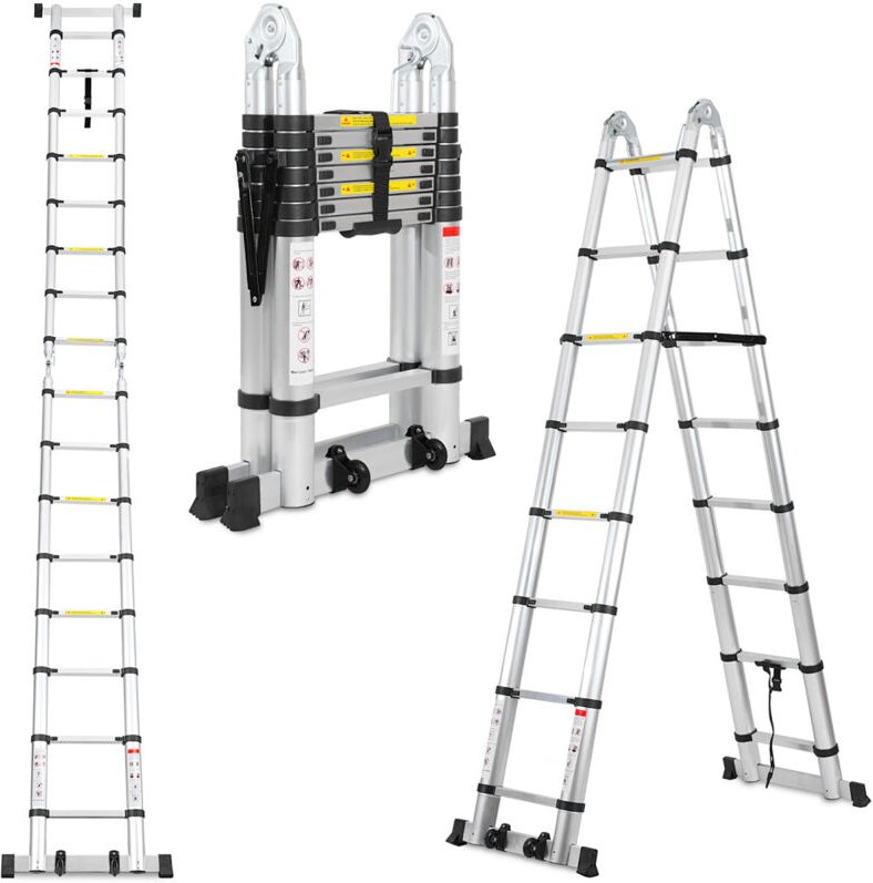 Wolketon Teleskopleiter Alu Leichtgewicht Rutschfester 1,9m+1,9m Silber Multifunktionsleiter Mehrzweckleiter Ausziehbare...
