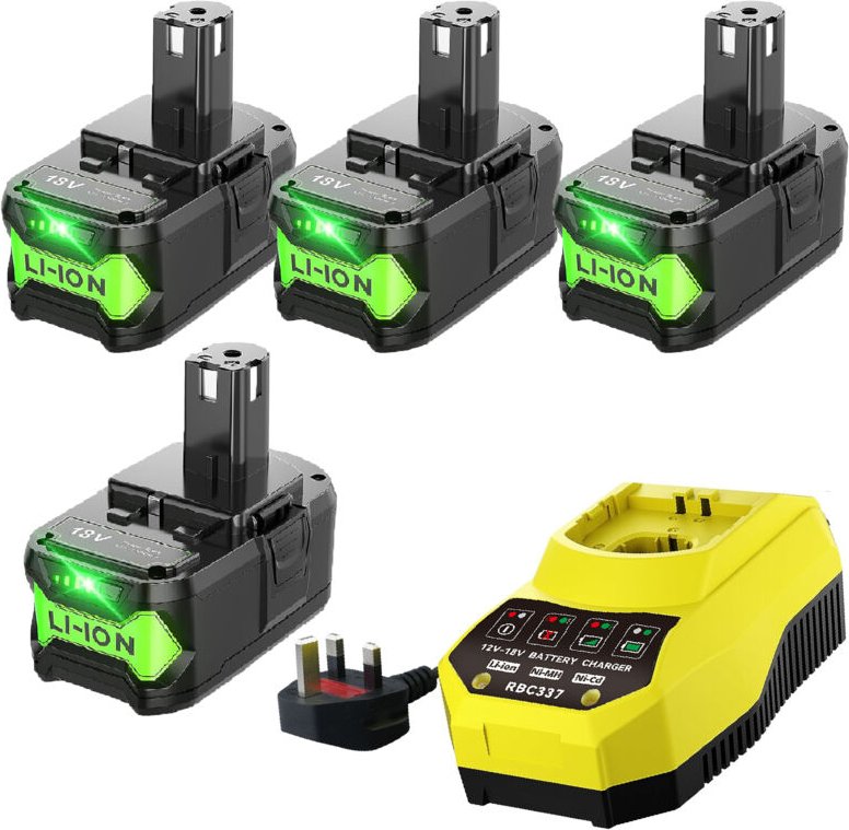 4× P108 18 V 9,0 Ah Ersatzakkus und Ladegeräte, kompatibel mit Ryobi 18 V ONE+ P102, P103, P104, P105, P107, P109 Akkus ...