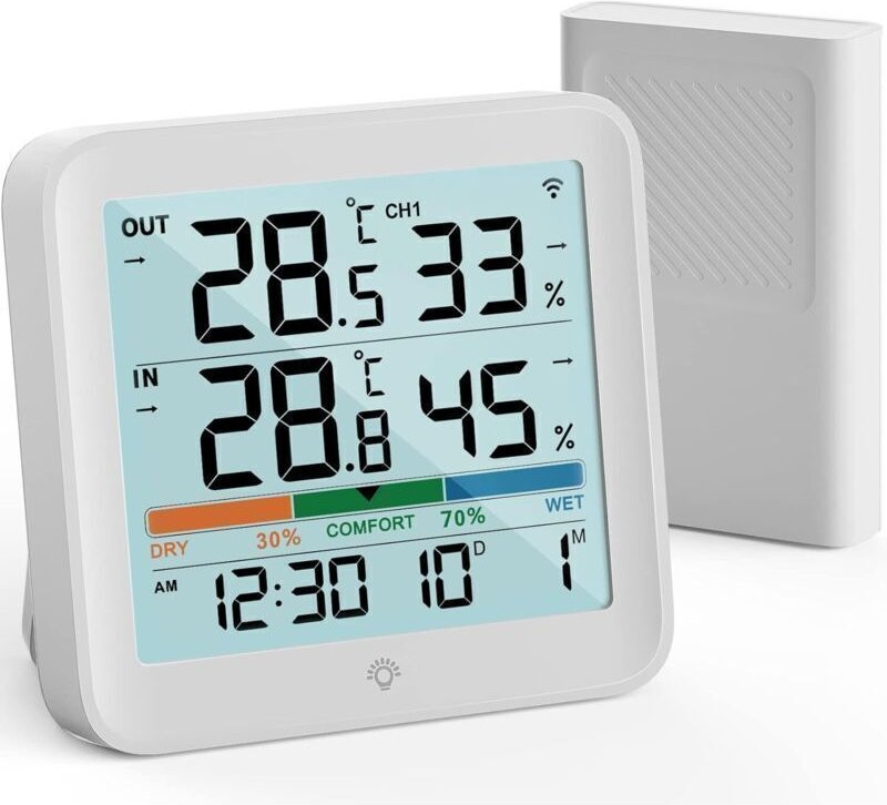 Kabelloses Innen-/Außenthermometer mit digitalem LCD-Hygrometer, Temperatur- und Feuchtigkeitssensor, Min/Max-Anzeige, °...